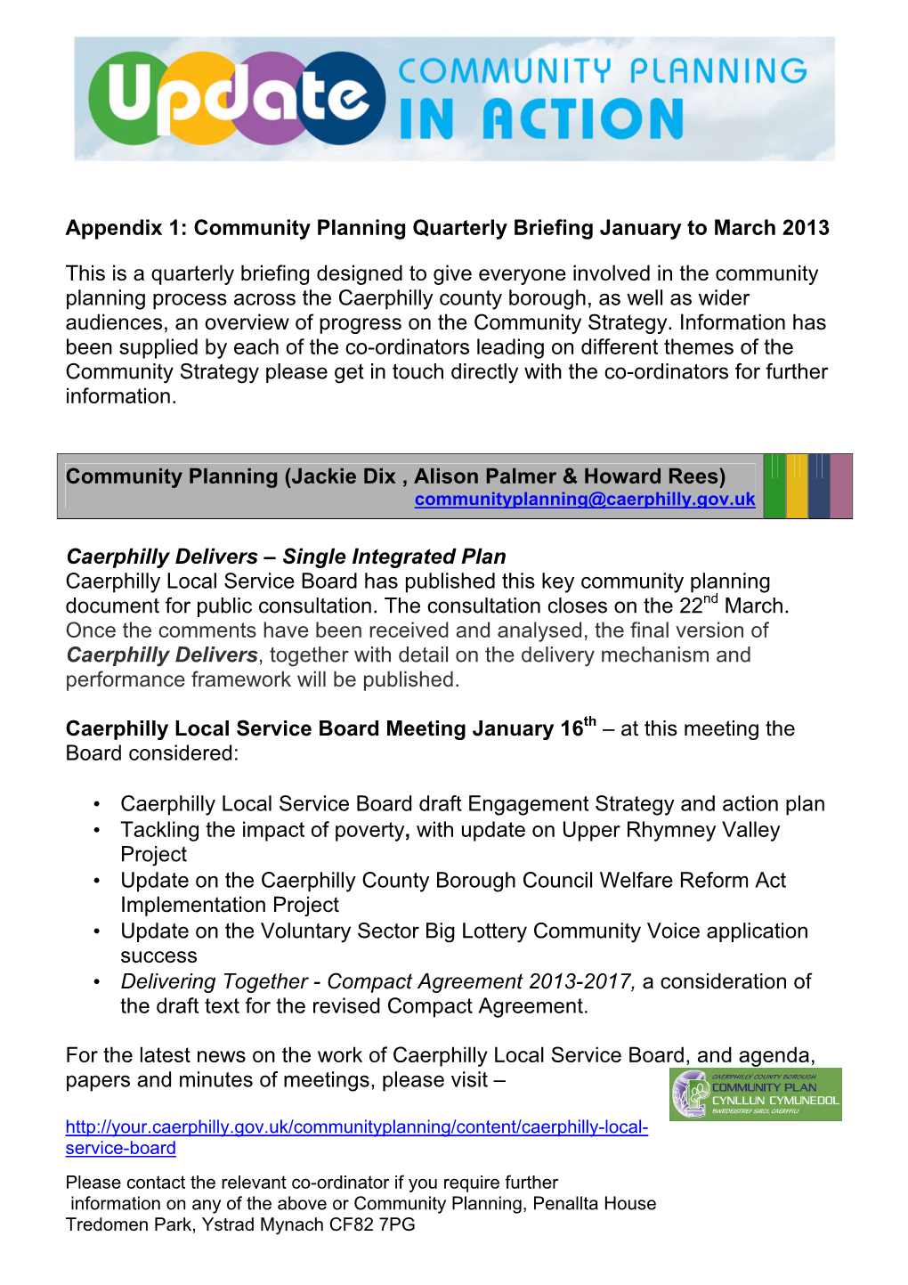 Community Planning Quarterly Briefing January to March 2013