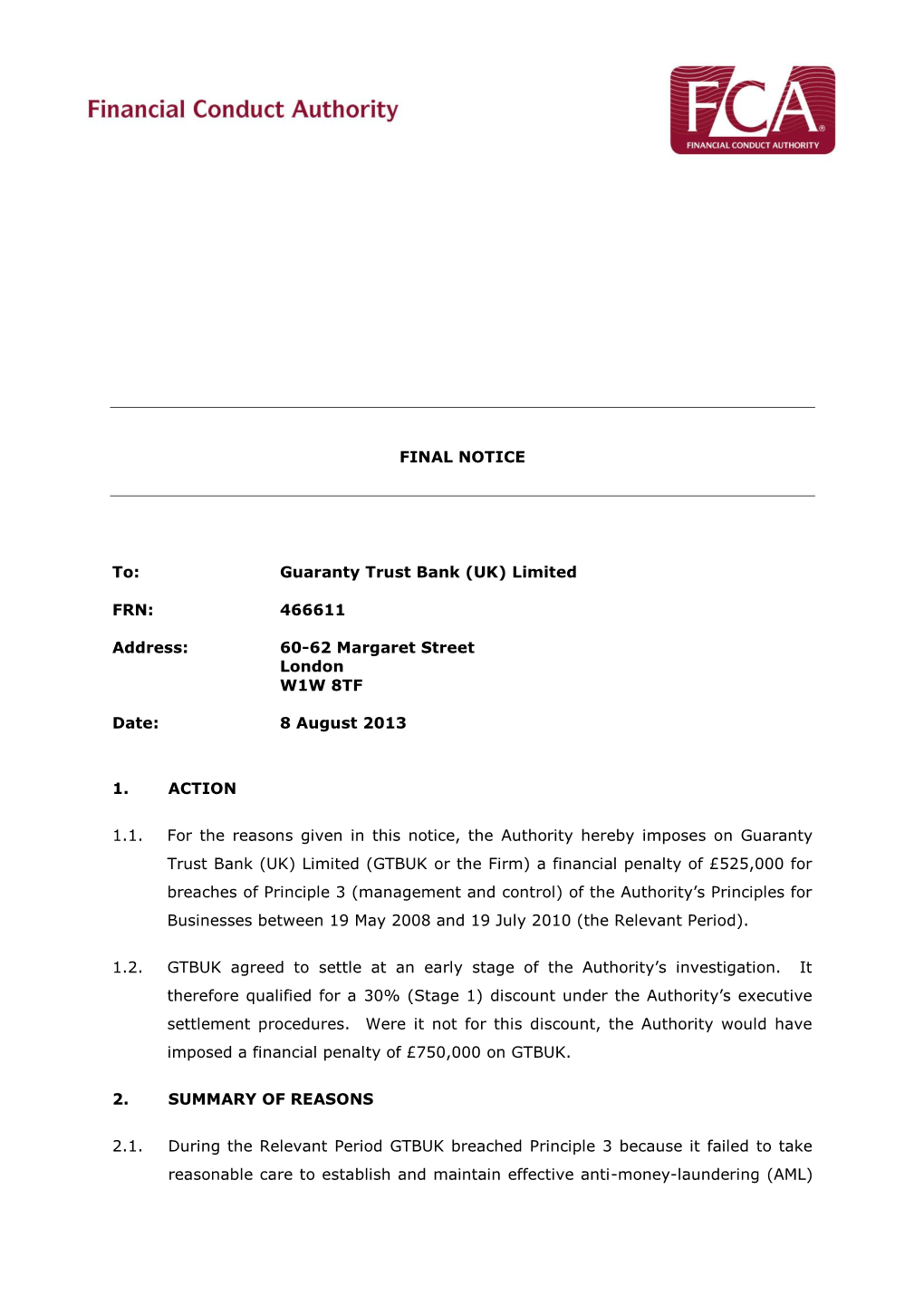 FCA Final Notice 2013: Guaranty Trust Bank (UK) Limited