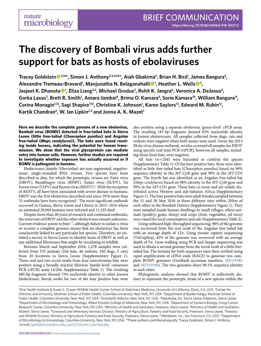 The Discovery of Bombali Virus Adds Further Support for Bats As Hosts of Ebolaviruses