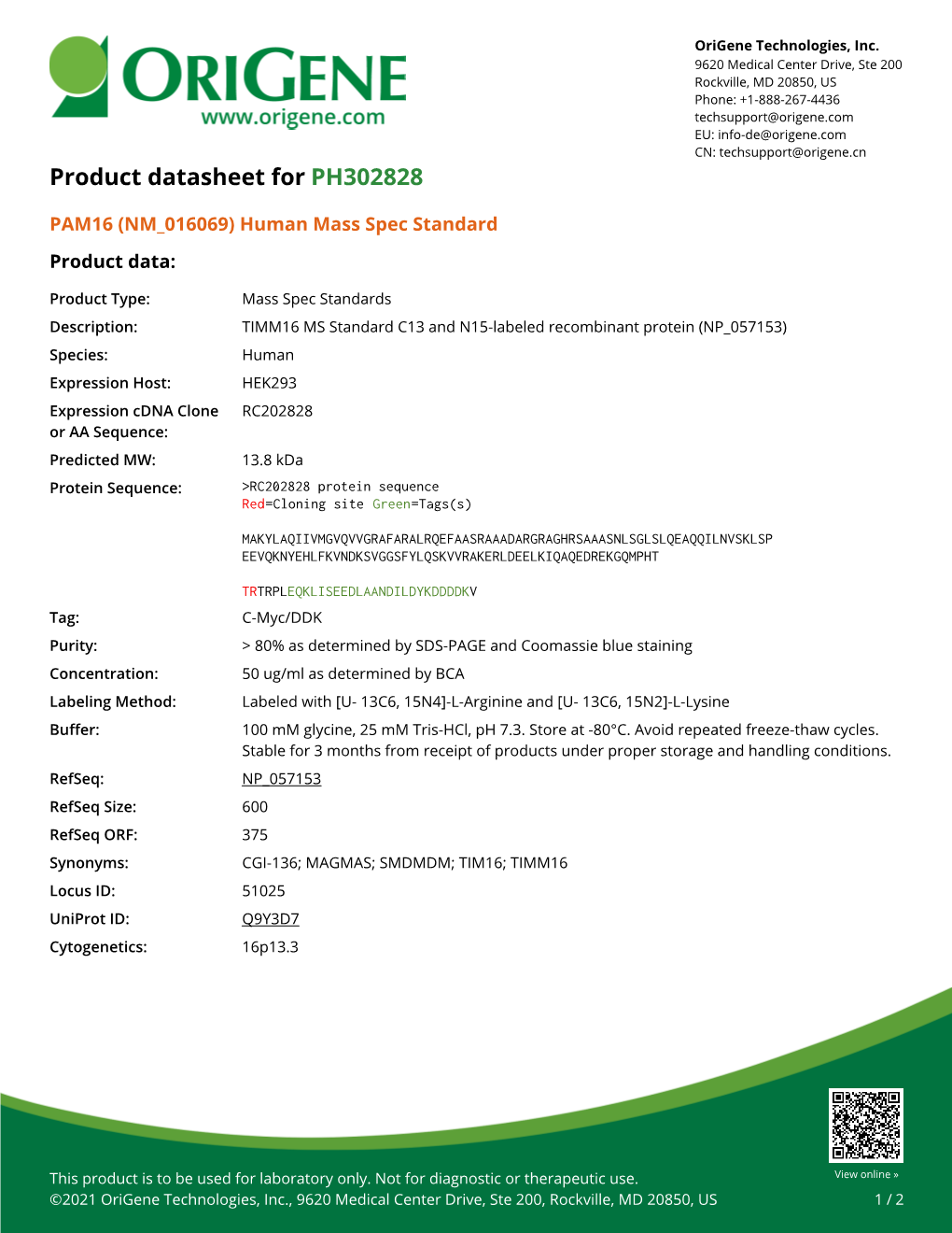 PAM16 (NM 016069) Human Mass Spec Standard Product Data