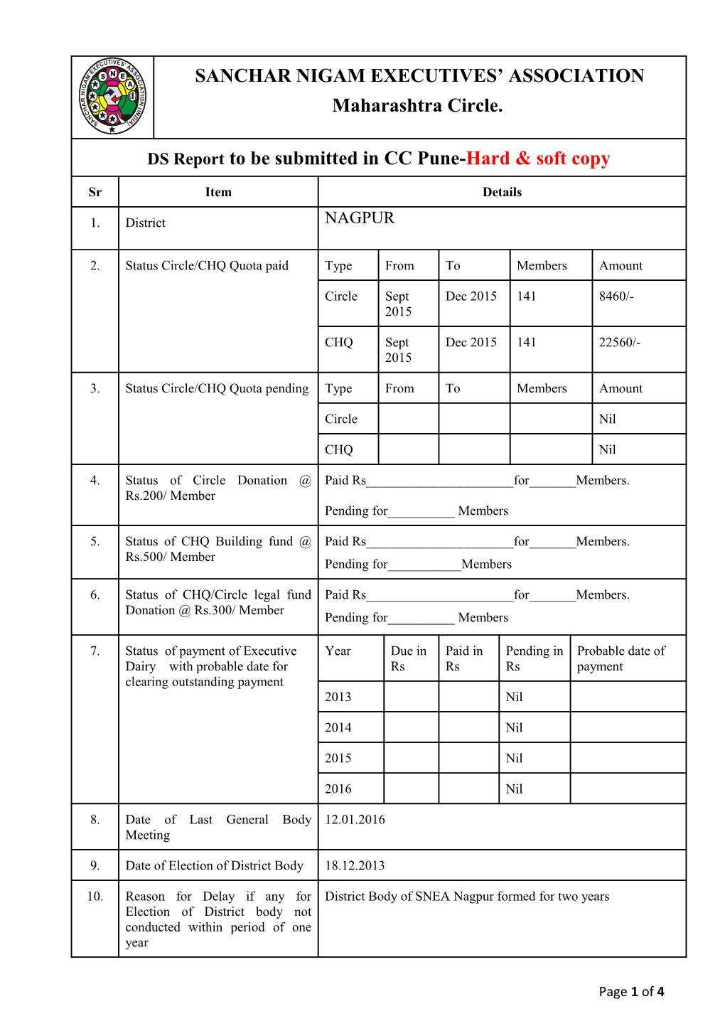 Note: for Any Additional Information, DS May Attach Separate Sheets to This Report