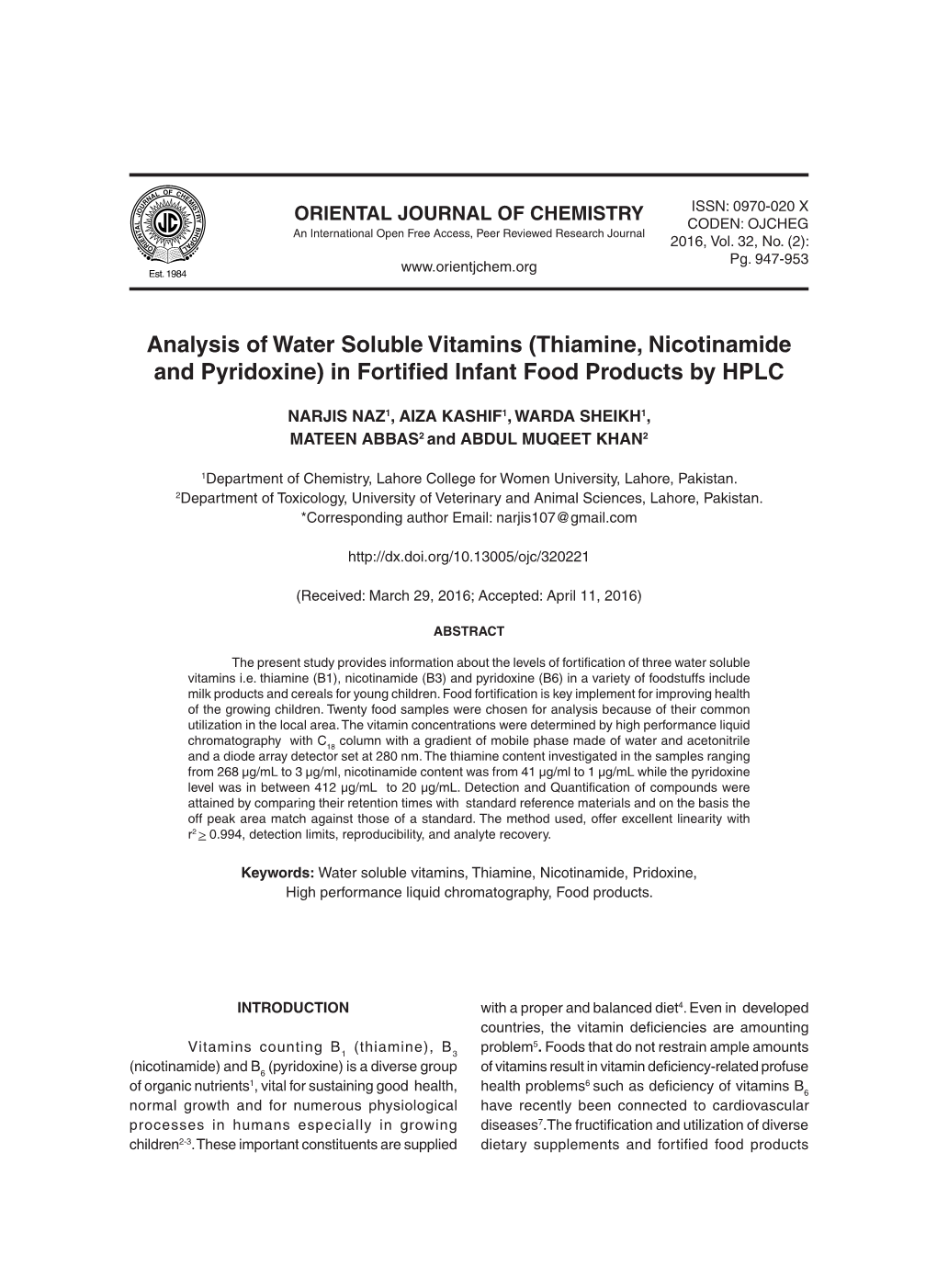 Thiamine, Nicotinamide and Pyridoxine) in Fortified Infant Food Products by HPLC