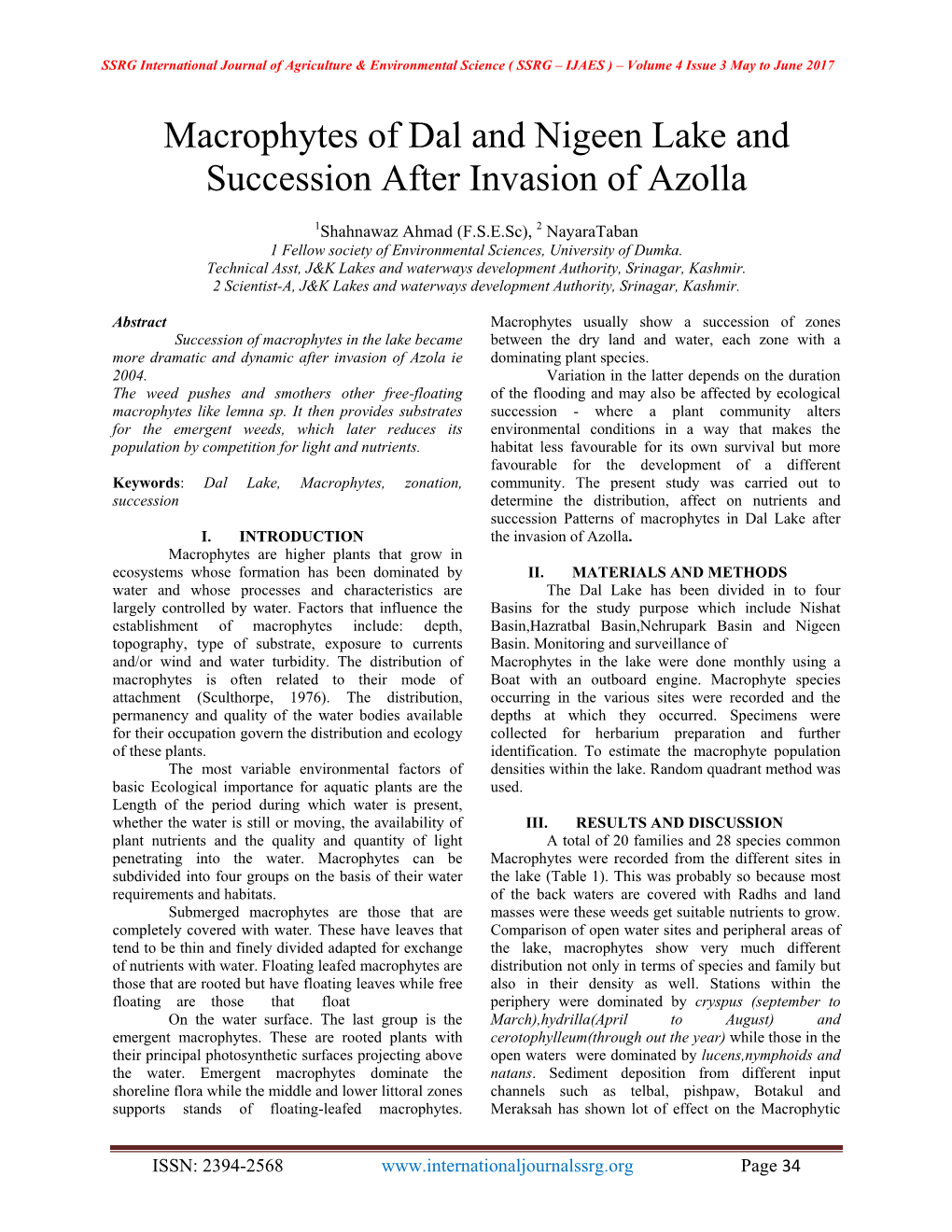 Macrophytes of Dal and Nigeen Lake and Succession After Invasion of Azolla