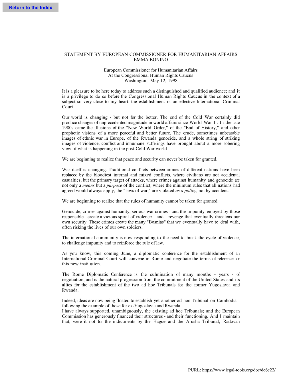 Statement by European Commissioner for Humanitarian Affairs Emma Bonino