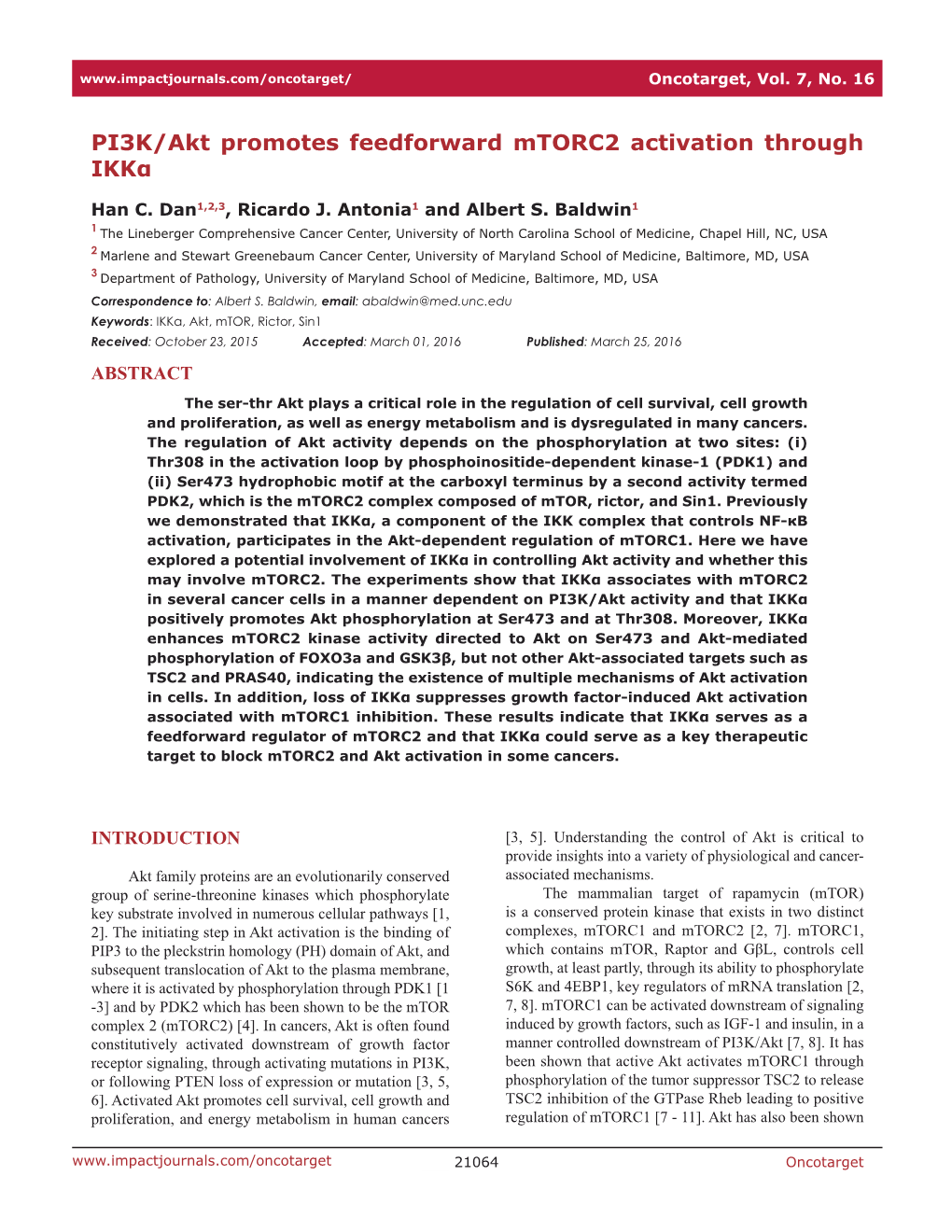 PI3K/Akt Promotes Feedforward Mtorc2 Activation Through Ikkα