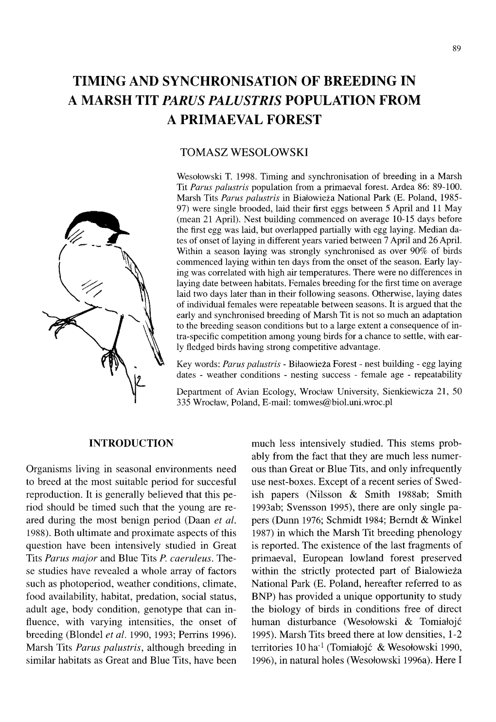 Timing and Synchronisation of Breeding in a Marsh Tit Parus Palustris Population from a Primaeval Forest