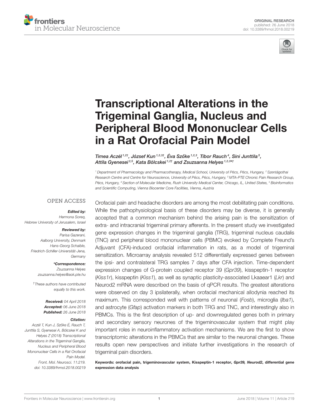 Transcriptional Alterations in the Trigeminal Ganglia, Nucleus and Peripheral Blood Mononuclear Cells in a Rat Orofacial Pain Model