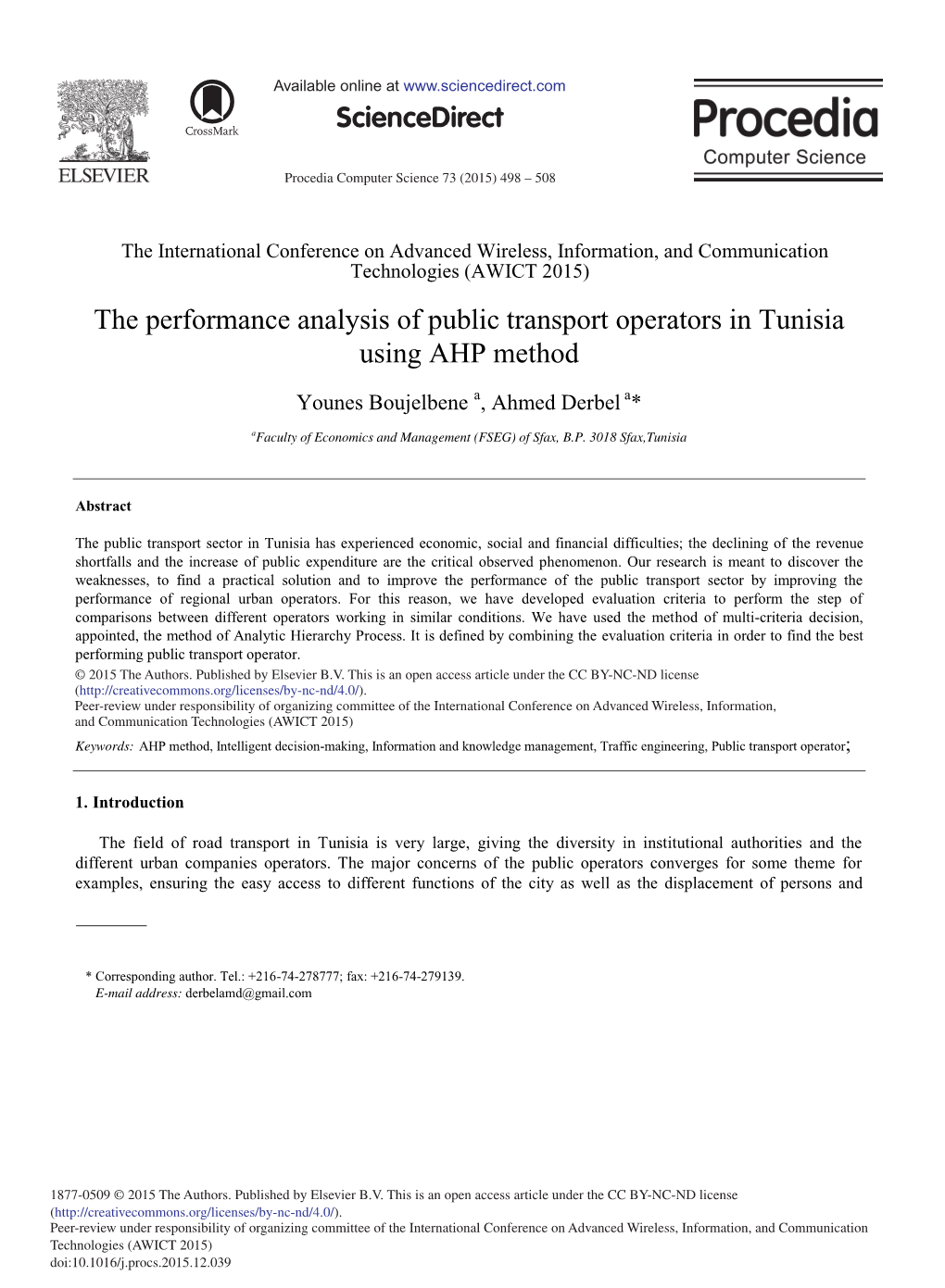 The Performance Analysis of Public Transport Operators in Tunisia Using AHP Method