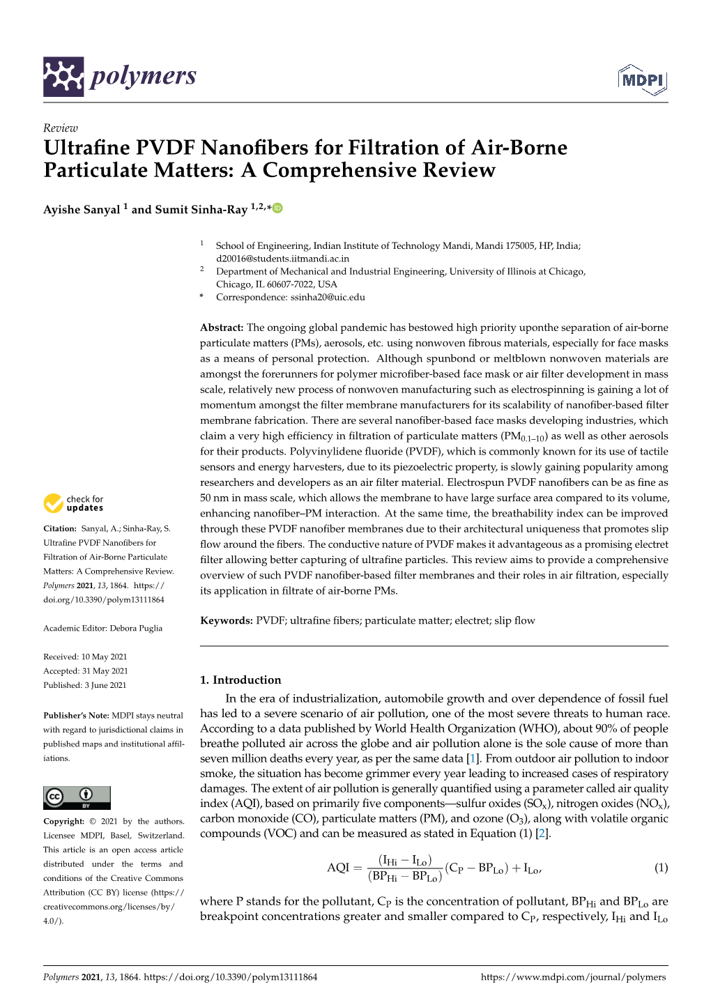 Ultrafine PVDF Nanofibers for Filtration of Air-Borne Particulate