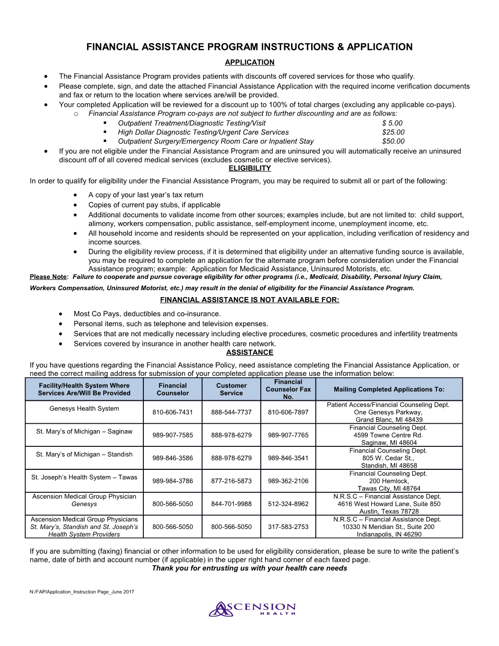 Financial Assistance Program Instructions & Application