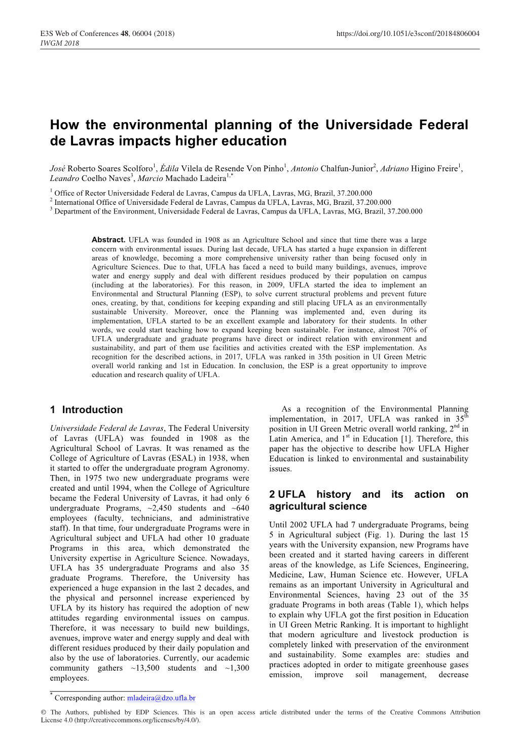 How the Environmental Planning of the Universidade Federal De Lavras Impacts Higher Education