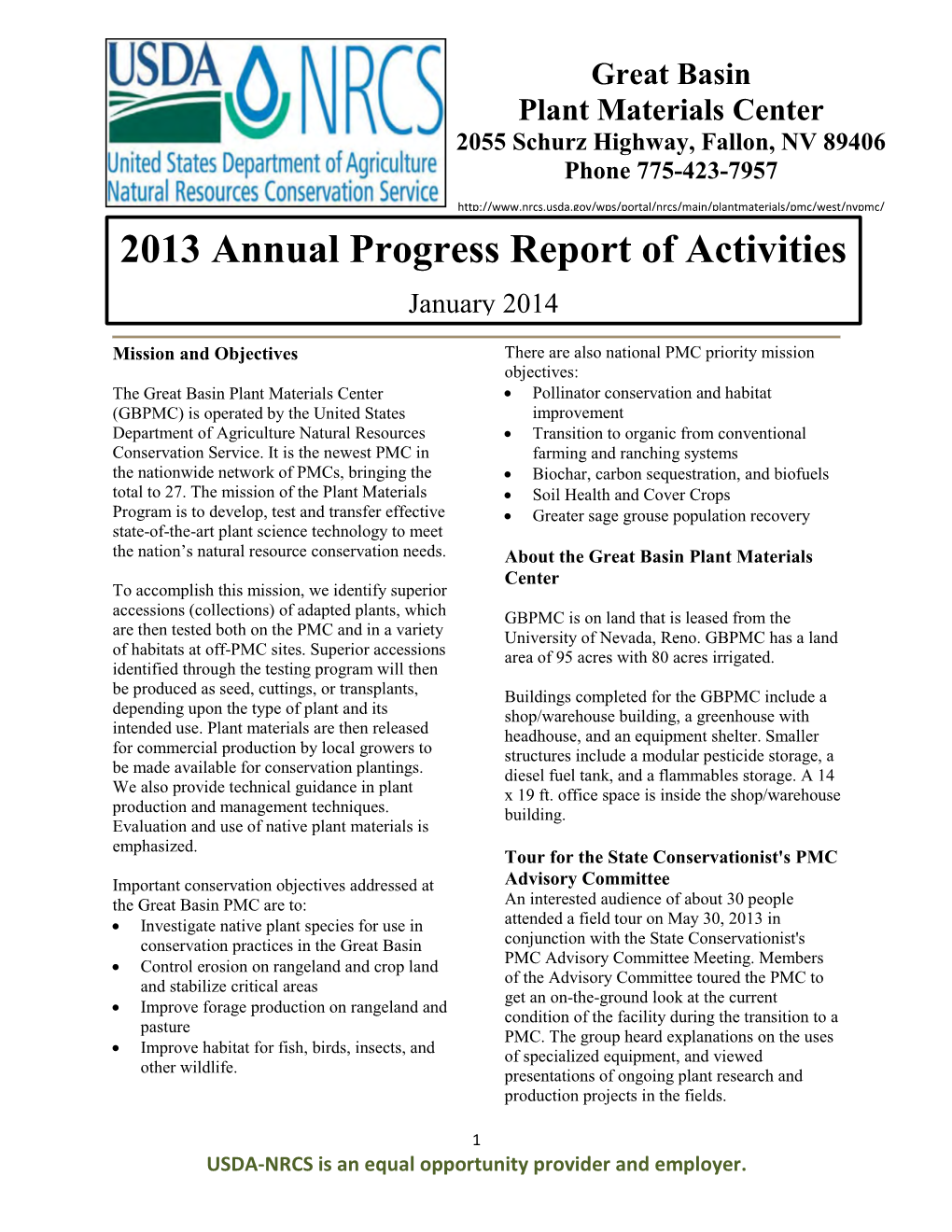 Great Basin Plant Materials Center Annual Progress Report of Activities