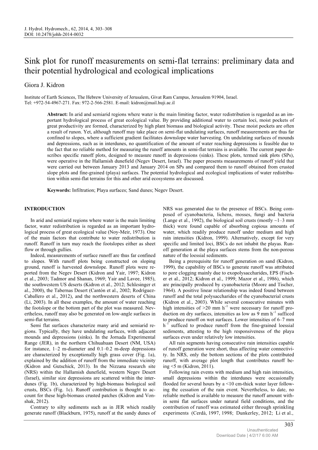 Sink Plot for Runoff Measurements on Semi-Flat Terrains: Preliminary Data and Their Potential Hydrological and Ecological Implications