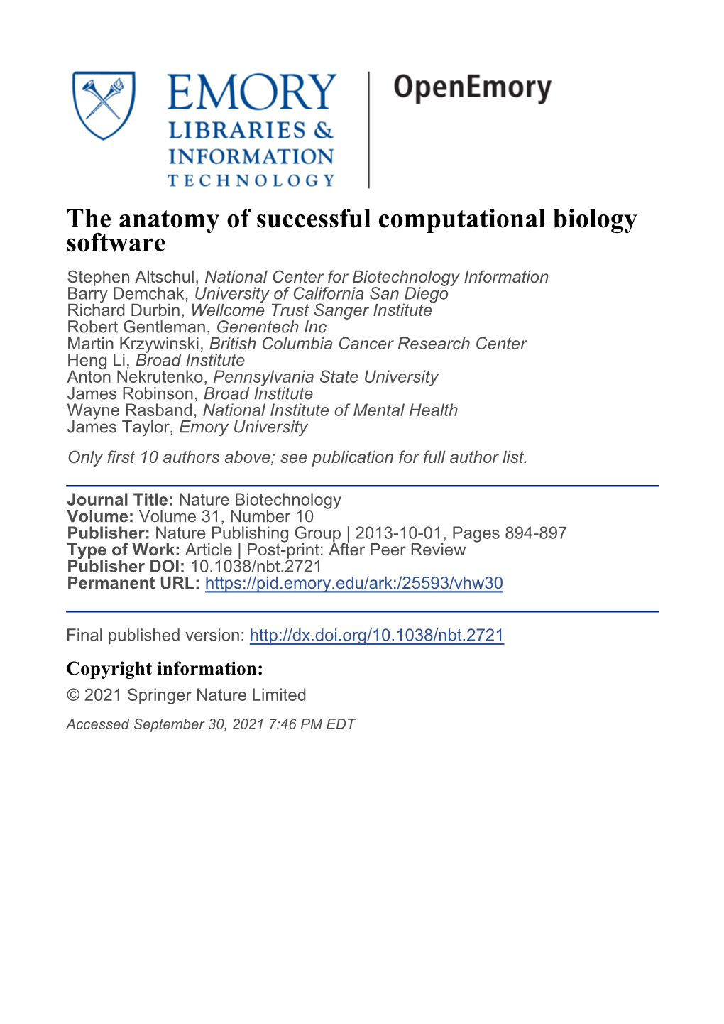 The Anatomy of Successful Computational Biology Software