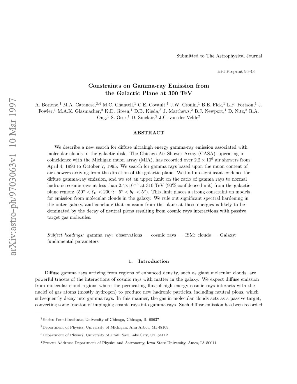 Constraints on Gamma-Ray Emission from the Galactic Plane at 300