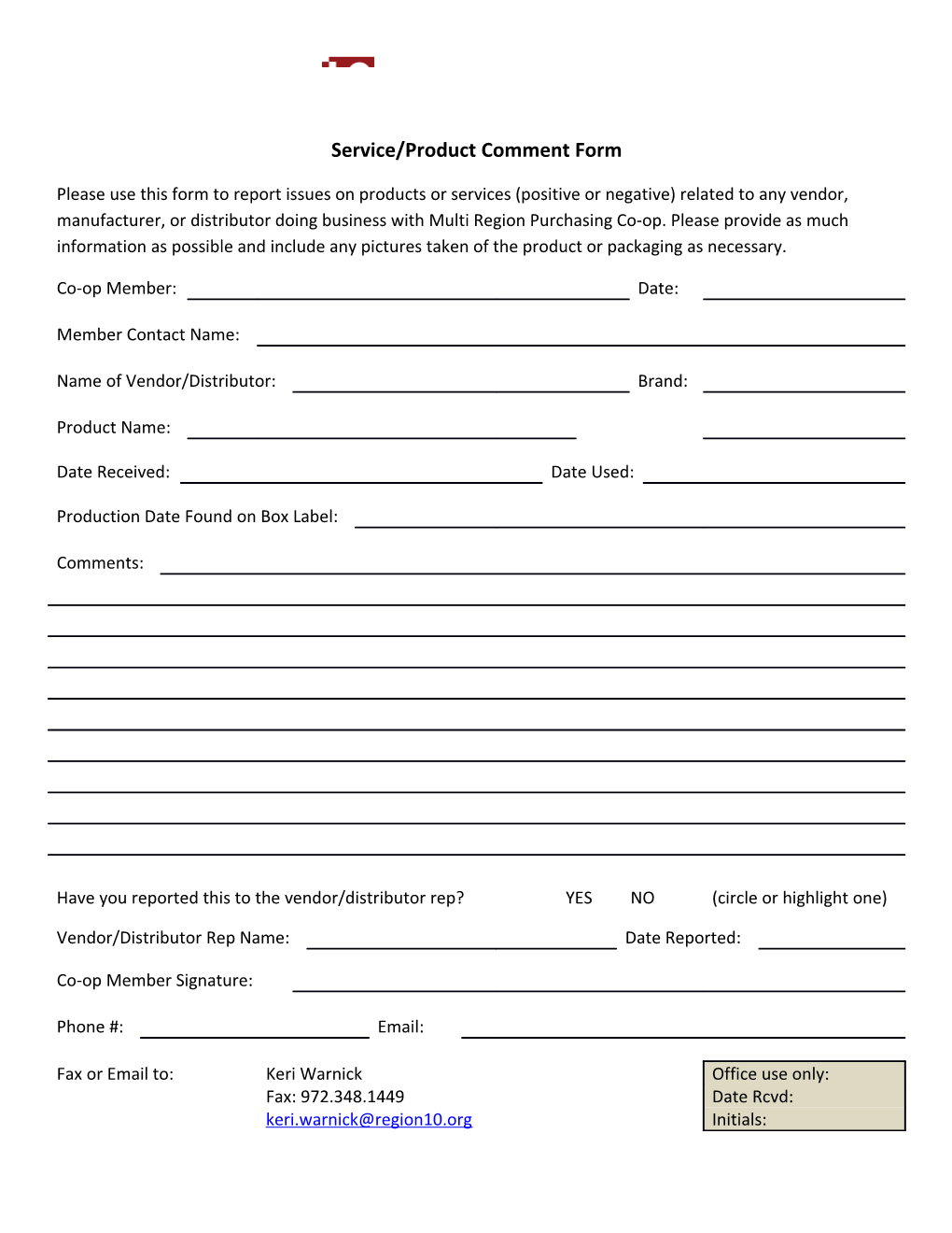 Service/Product Comment Form