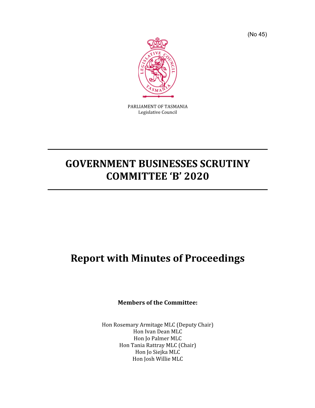 GOVERNMENT BUSINESSES SCRUTINY COMMITTEE 'B' 2020 Report with Minutes of Proceedings