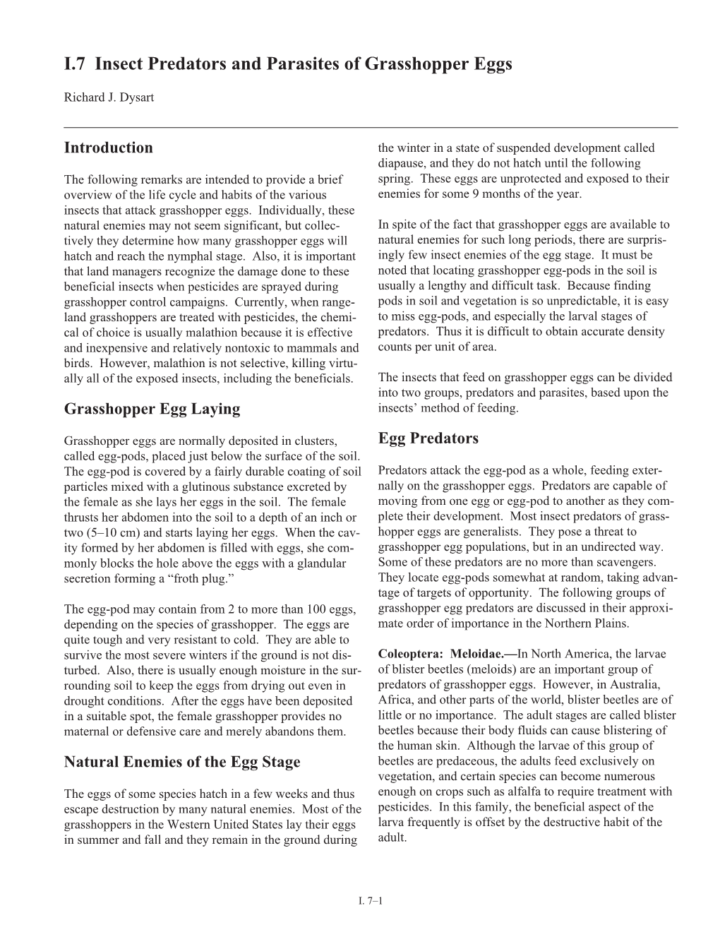 I.7 Insect Predators and Parasites of Grasshopper Eggs