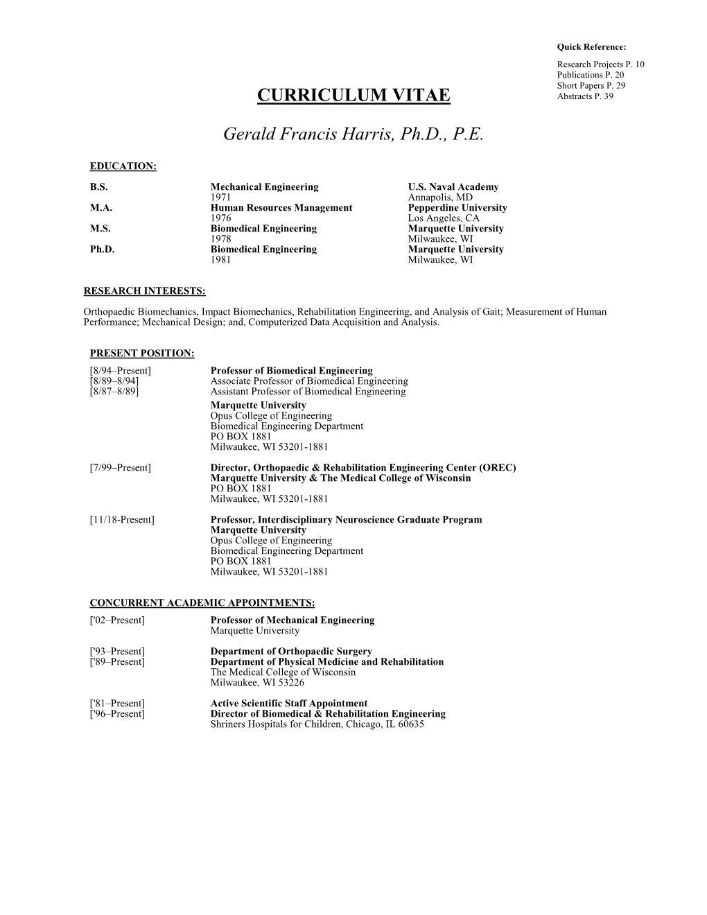 CURRICULUM VITAE Gerald Francis Harris, Ph.D., PE