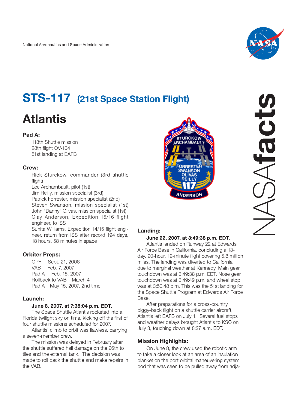 STS-117 NASA Facts