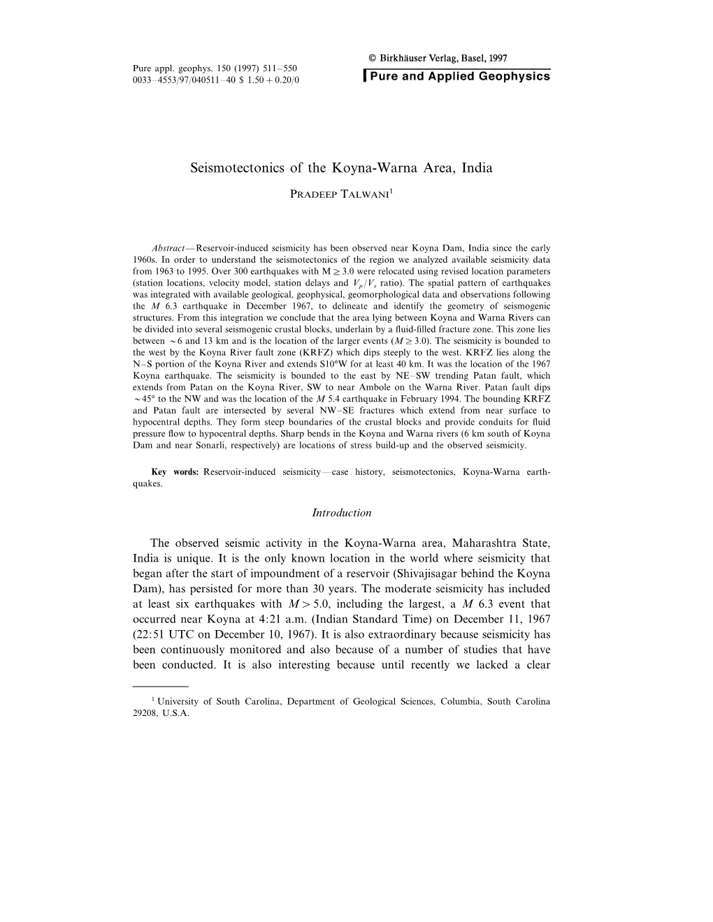 Seismotectonics of the Koyna-Warna Area, India