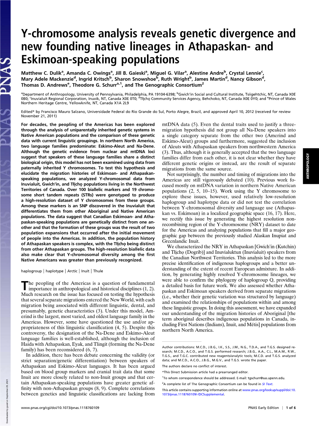 Y-Chromosome Analysis Reveals Genetic Divergence and New Founding Native Lineages in Athapaskan- and Eskimoan-Speaking Populations