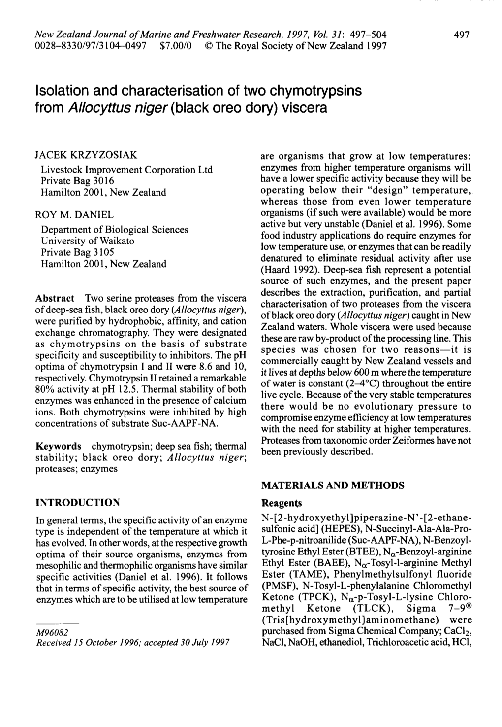 Isolation and Characterisation of Two Chymotrypsins from Allocyttus Niger (Black Oreo Dory) Viscera