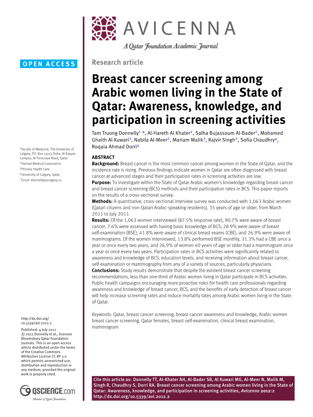 Breast Cancer Screening Among Arabic Women Living in the State Of