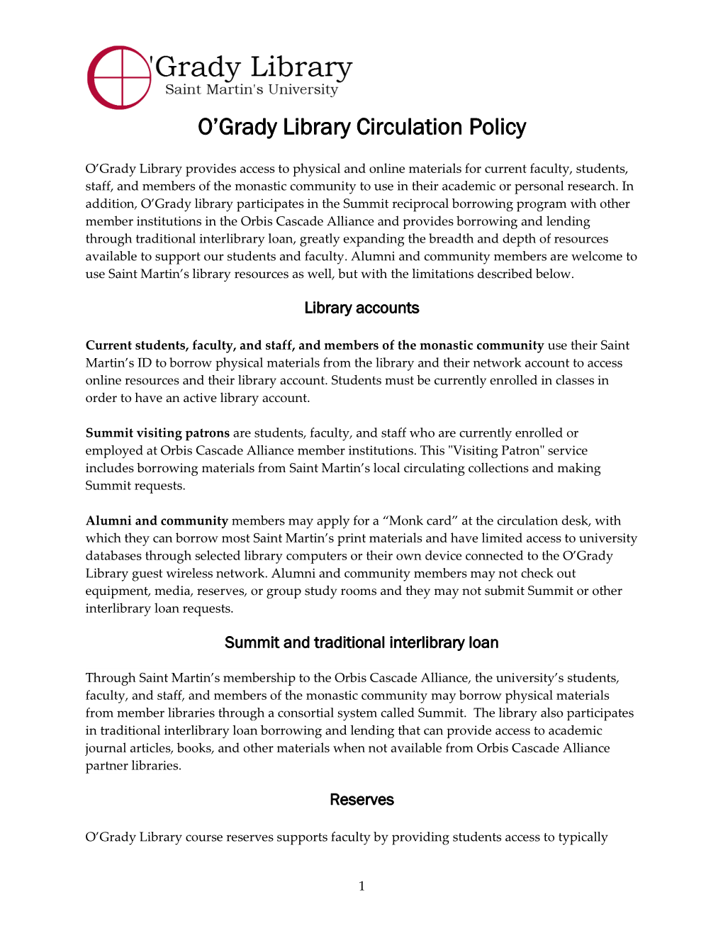 O'grady Library Circulation Policy