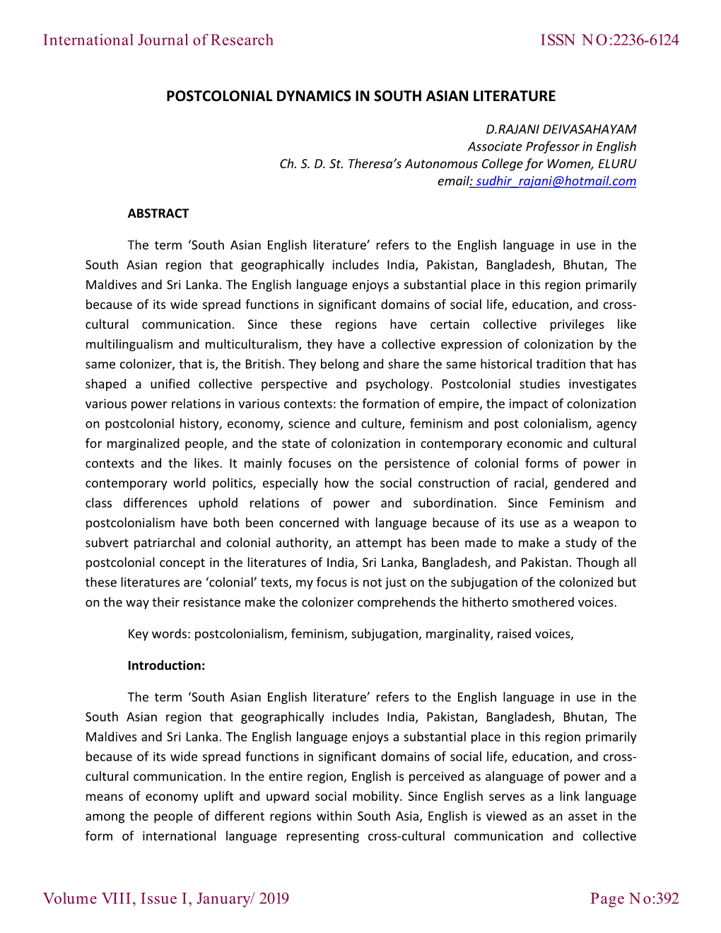 POSTCOLONIAL DYNAMICS in SOUTH ASIAN LITERATURE International Journal of Research Volume VIII, Issue I, January/2019 ISSN NO:223