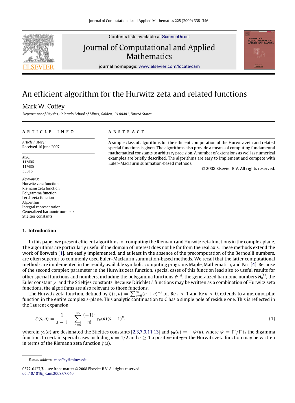 Journal of Computational and Applied Mathematics 225 (2009) 338–346