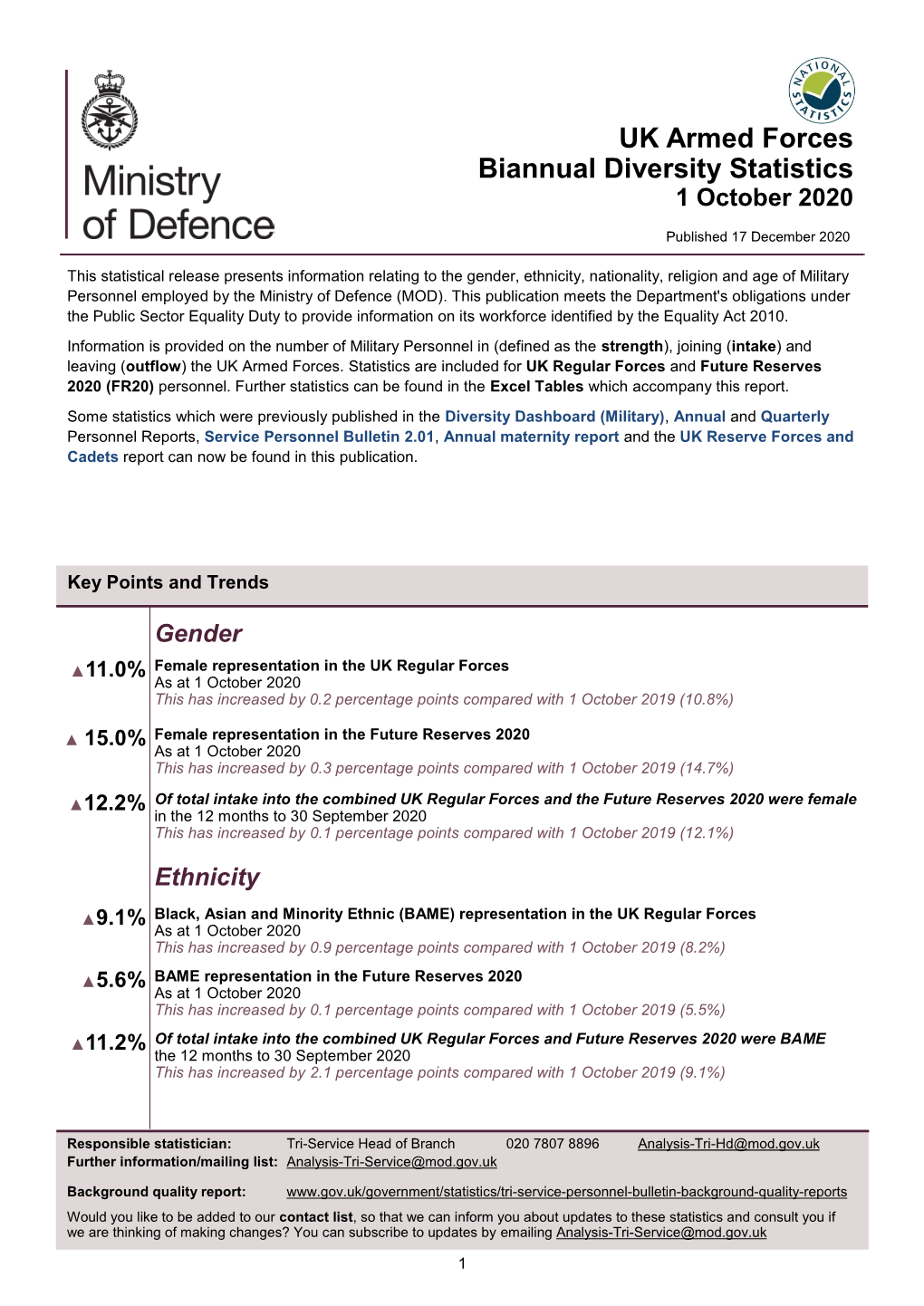 UK Armed Forces Biannual Diversity Statistics 1 October 2020