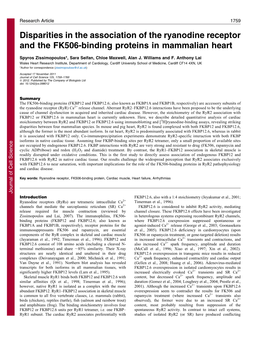 Disparities in the Association of the Ryanodine Receptor and the FK506-Binding Proteins in Mammalian Heart