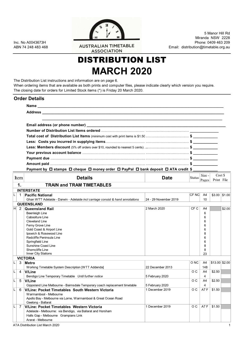 MARCH 2020 the Distribution List Instructions and Information Are on Page 6