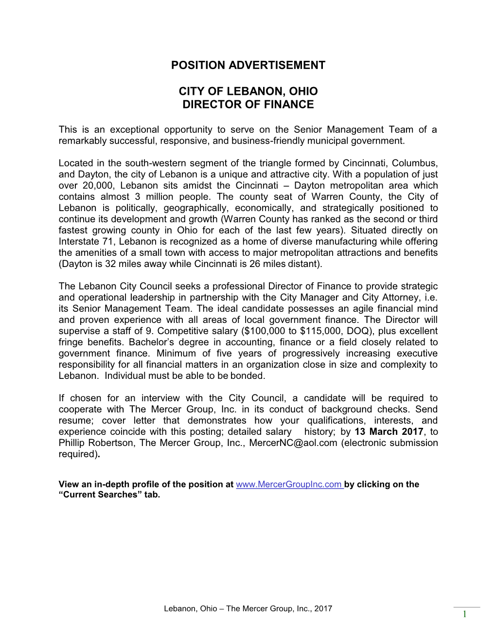 Position Advertisement City of Lebanon, Ohio