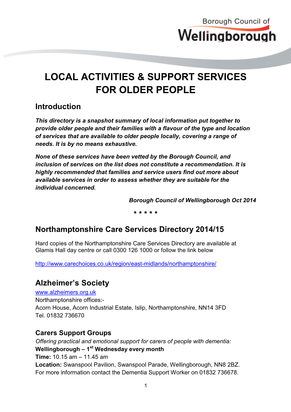 Local Activities & Support Services for Older People