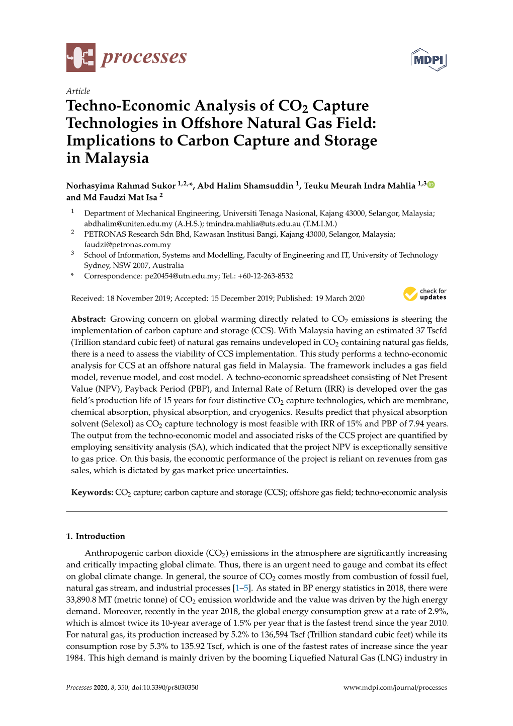 Techno-Economic Analysis of CO2 Capture Technologies in Offshore