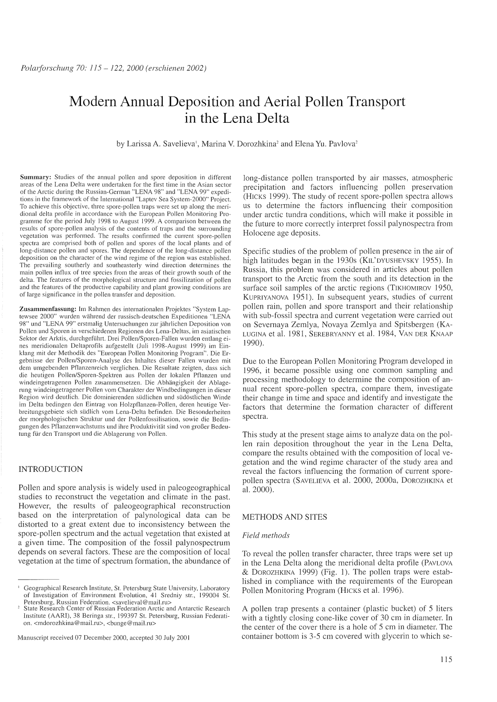 Modern Annual Deposition and Aerial Pollen Transport in the Lena Delta