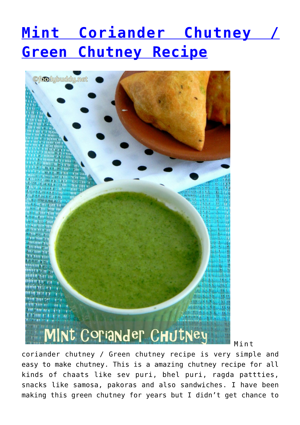 Mint Coriander Chutney / Green Chutney Recipe