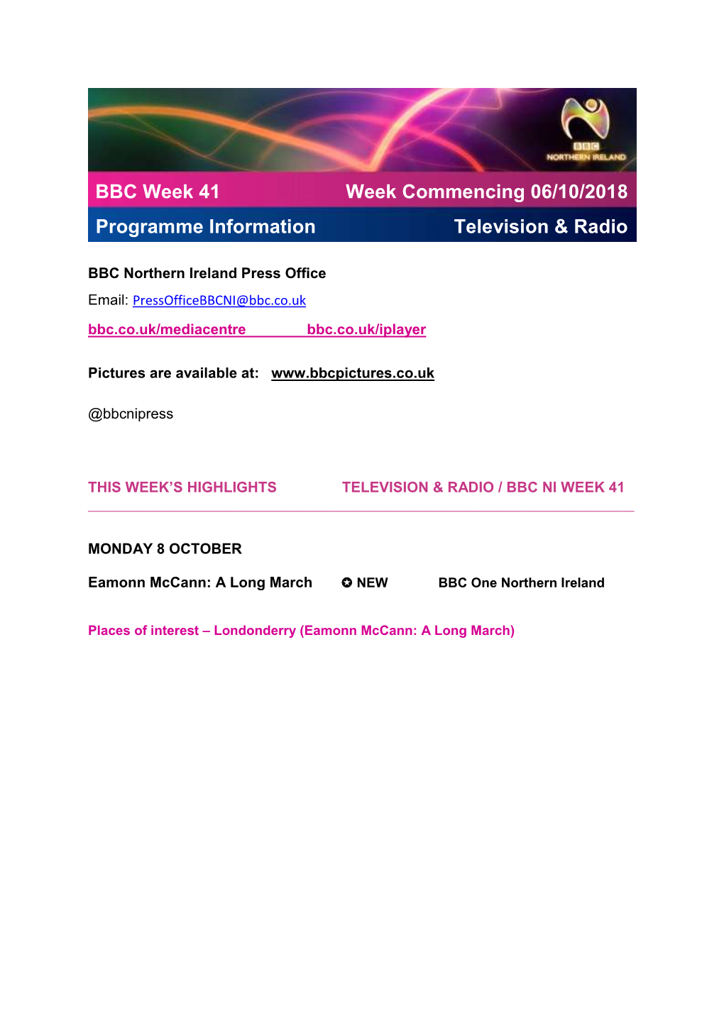 BBC Week 41 Programme Information Week Commencing 06/10
