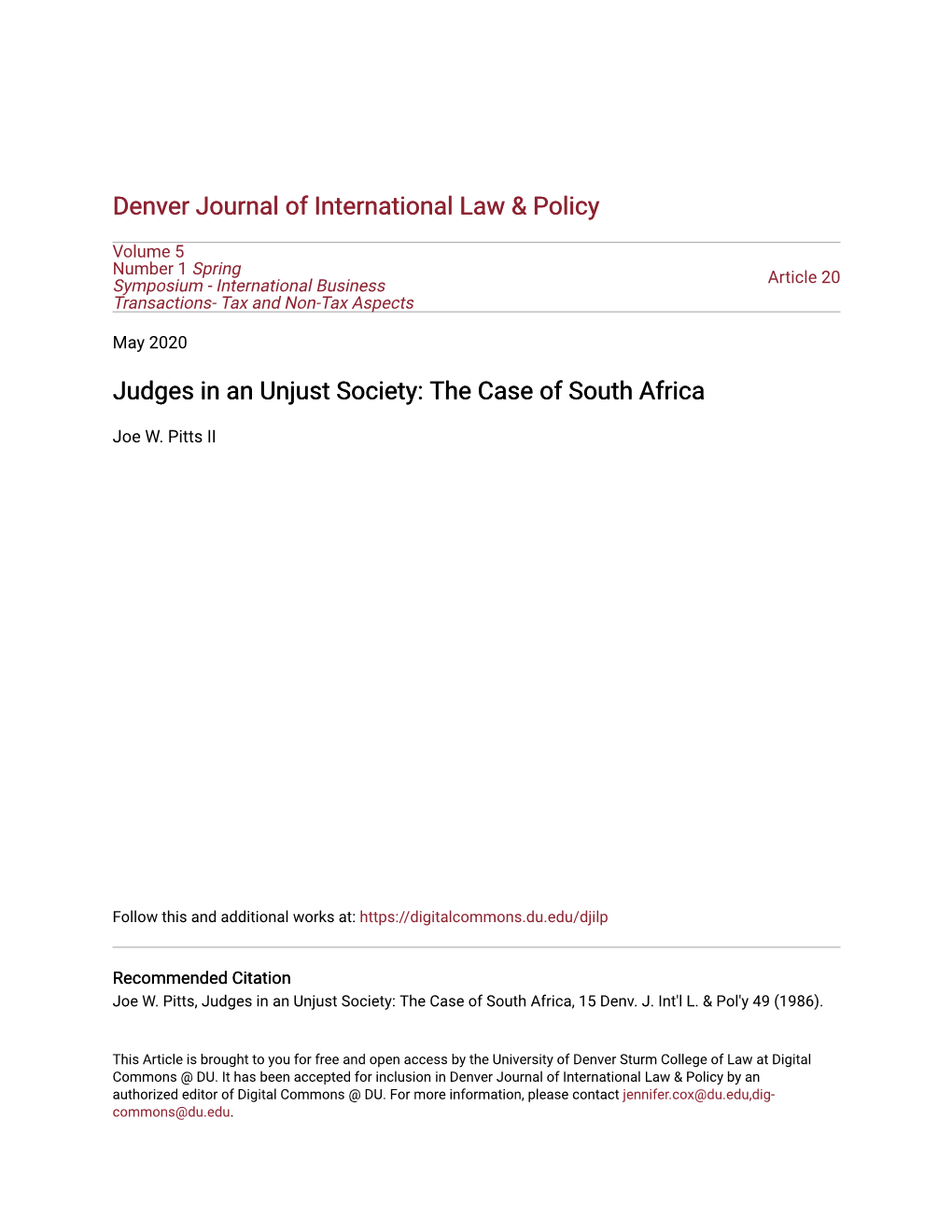 Judges in an Unjust Society: the Case of South Africa