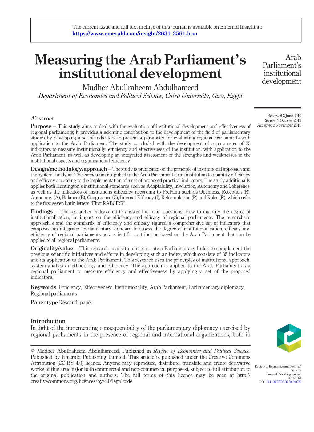 Measuring the Arab Parliament's Institutional Development