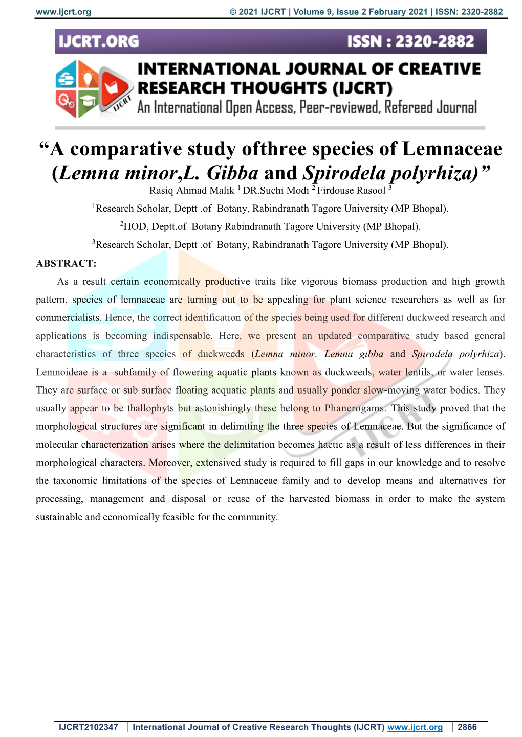 A Comparative Study of Three Species of Lemnaceae (Lemna Minor,L