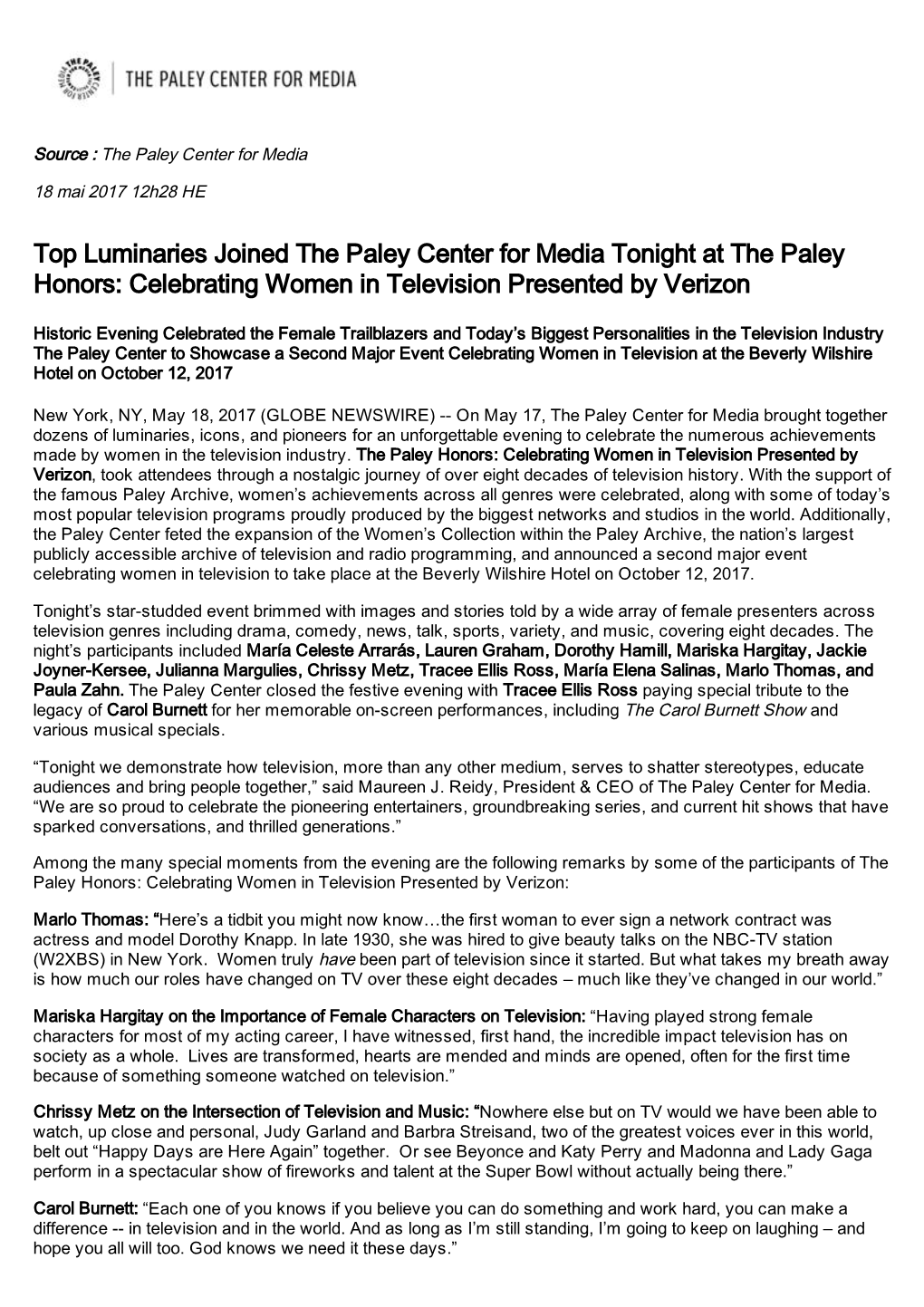 Top Luminaries Joined the Paley Center for Media Tonight at the Paley Honors: Celebrating Women in Television Presented by Verizon