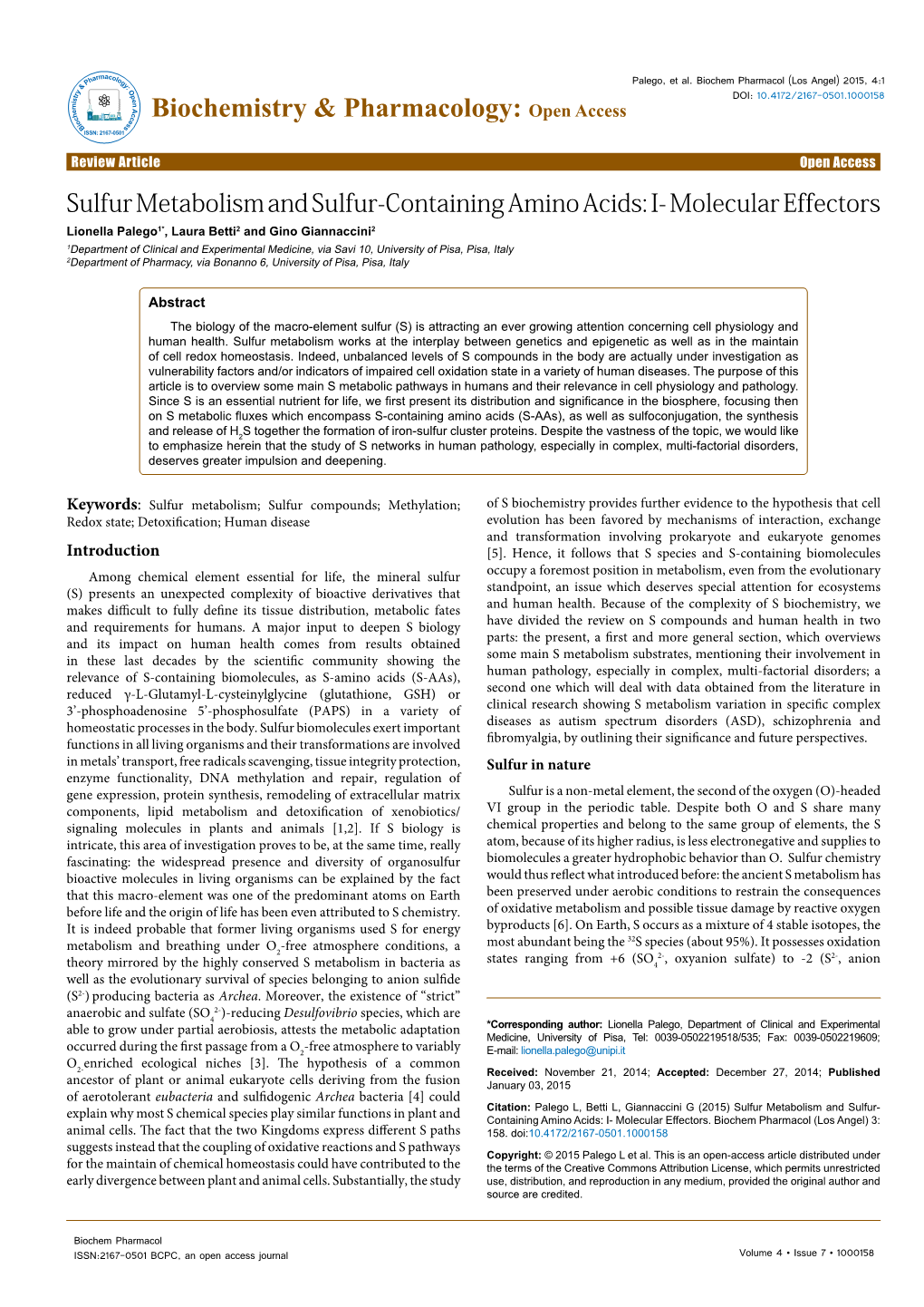 Sulfur Metabolism and Sulfur-Containing Amino Acids