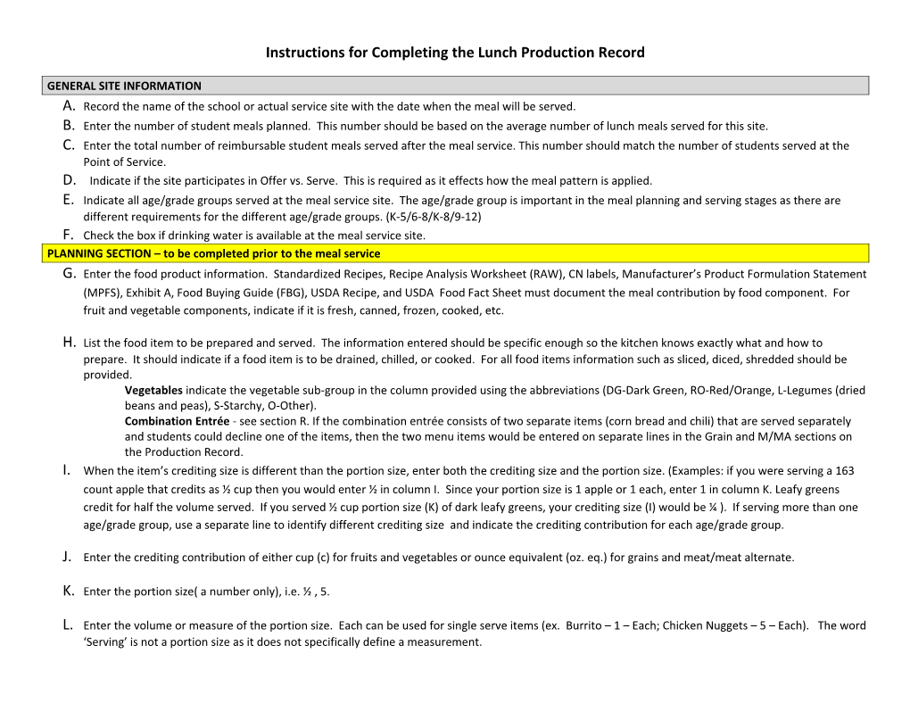 Instructions for Completing the Lunch Production Record