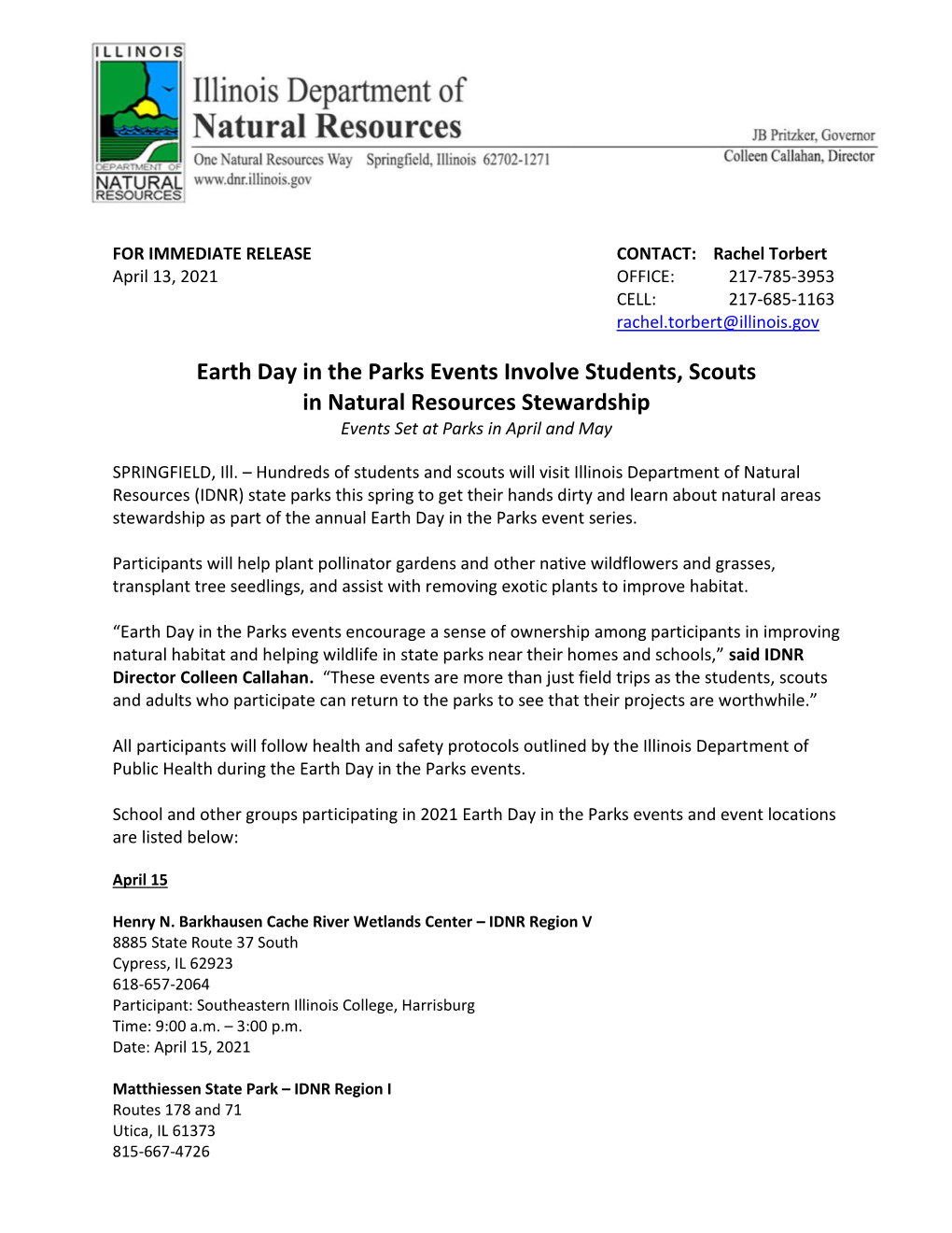 Earth Day in the Parks Events Involve Students, Scouts in Natural Resources Stewardship Events Set at Parks in April and May