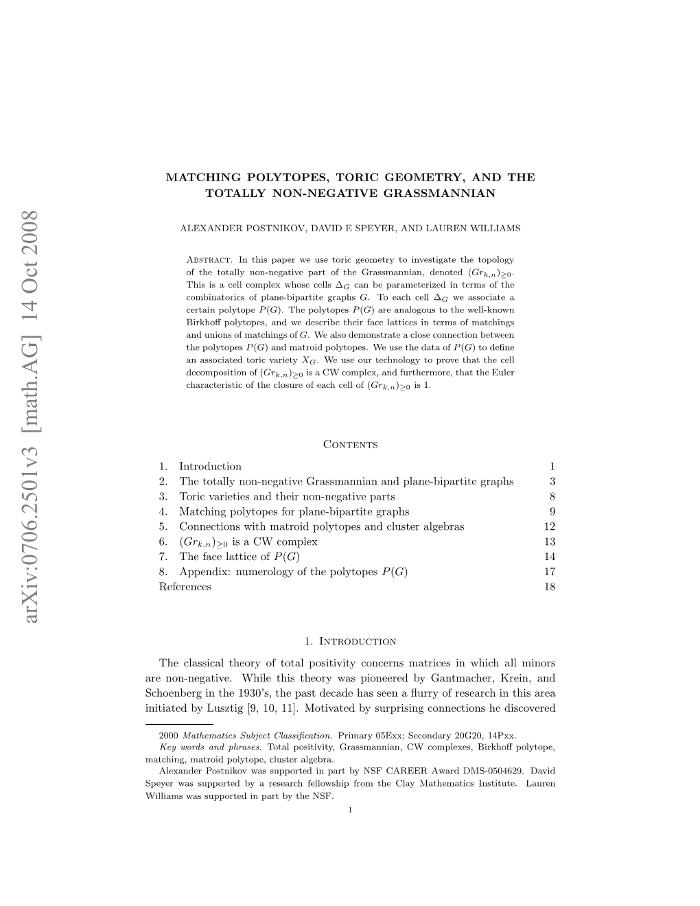 Matching Polytopes, Toric Geometry, and the Non-Negative Part of The