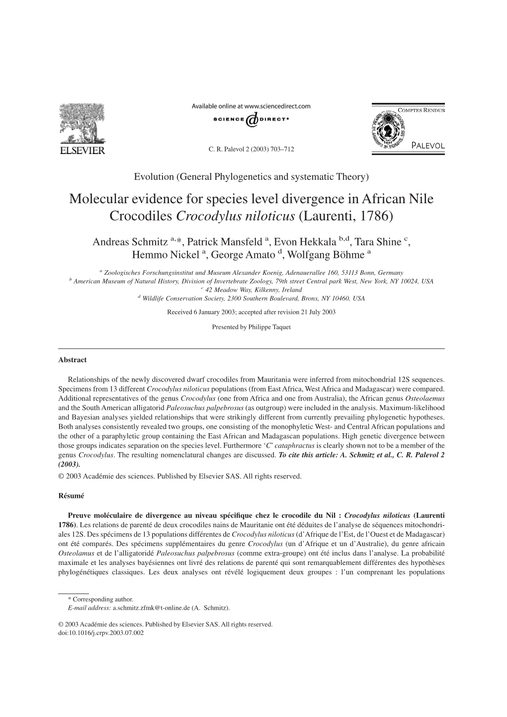 Molecular Evidence for Species Level Divergence in African Nile Crocodiles Crocodylus Niloticus (Laurenti, 1786)