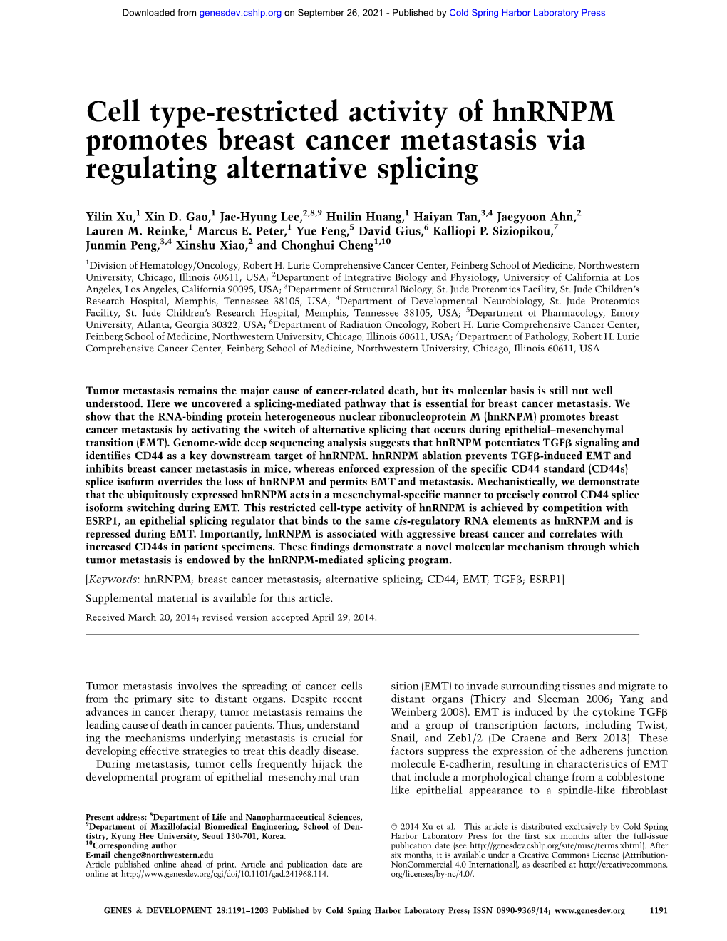 Cell Type-Restricted Activity of Hnrnpm Promotes Breast Cancer Metastasis Via Regulating Alternative Splicing